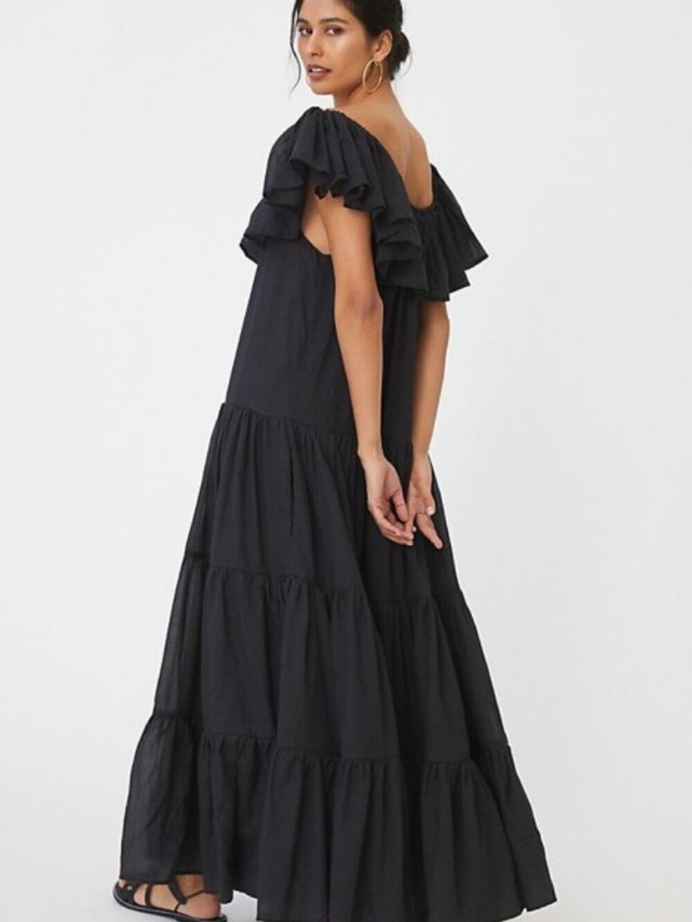 Erika Pena Orchid Ruffled Maxi Dress Black Tiered Skirt M/L